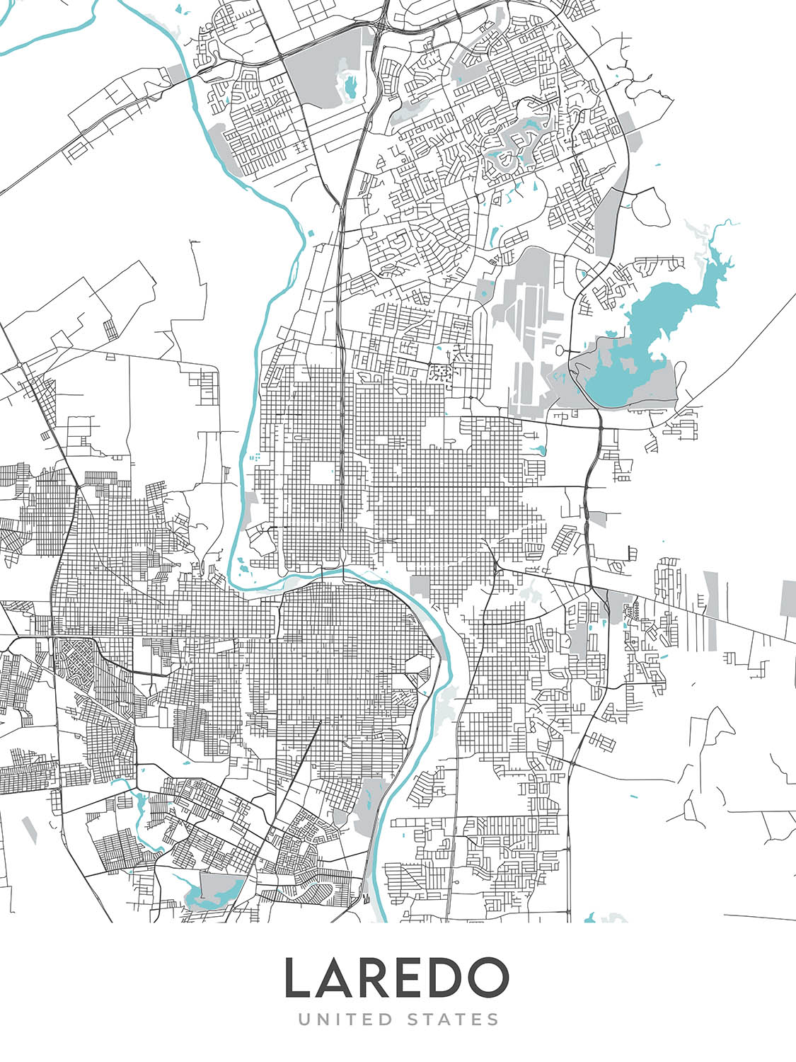 Plan de la ville moderne de Laredo, Texas : Chacon, Hillside, Mines Rd, Loop 20, Fort McIntosh