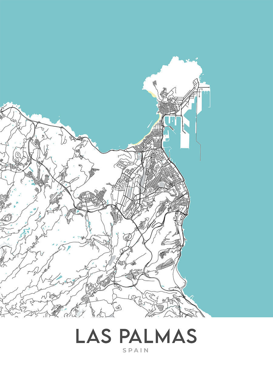 Plan de la ville moderne de Las Palmas, Espagne : Vegueta, Triana, Ciudad Jardín, Cathédrale de Santa Ana, Playa de Las Canteras