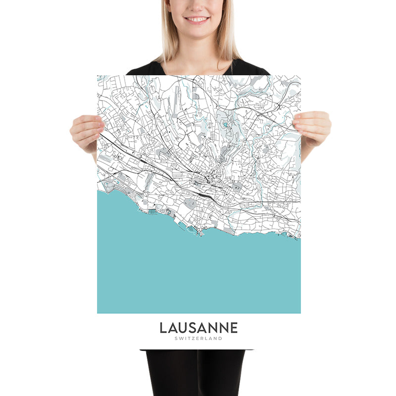 Carte moderne de la ville de Lausanne : Lac Léman, Palais de Rumine, Cathédrale, Château Saint-Maire, Parc de Mon-Repos 