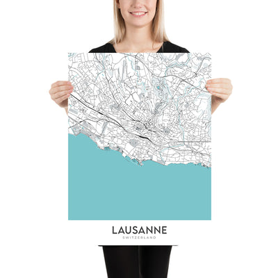 Carte moderne de la ville de Lausanne : Lac Léman, Palais de Rumine, Cathédrale, Château Saint-Maire, Parc de Mon-Repos 