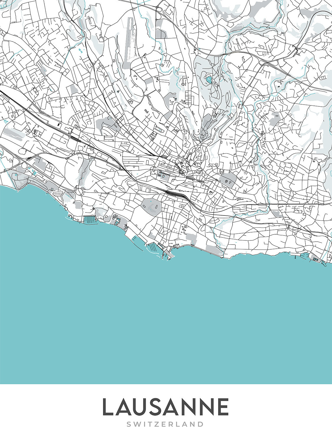 Carte moderne de la ville de Lausanne : Lac Léman, Palais de Rumine, Cathédrale, Château Saint-Maire, Parc de Mon-Repos 