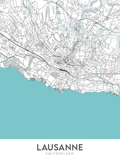 Carte moderne de la ville de Lausanne : Lac Léman, Palais de Rumine, Cathédrale, Château Saint-Maire, Parc de Mon-Repos 