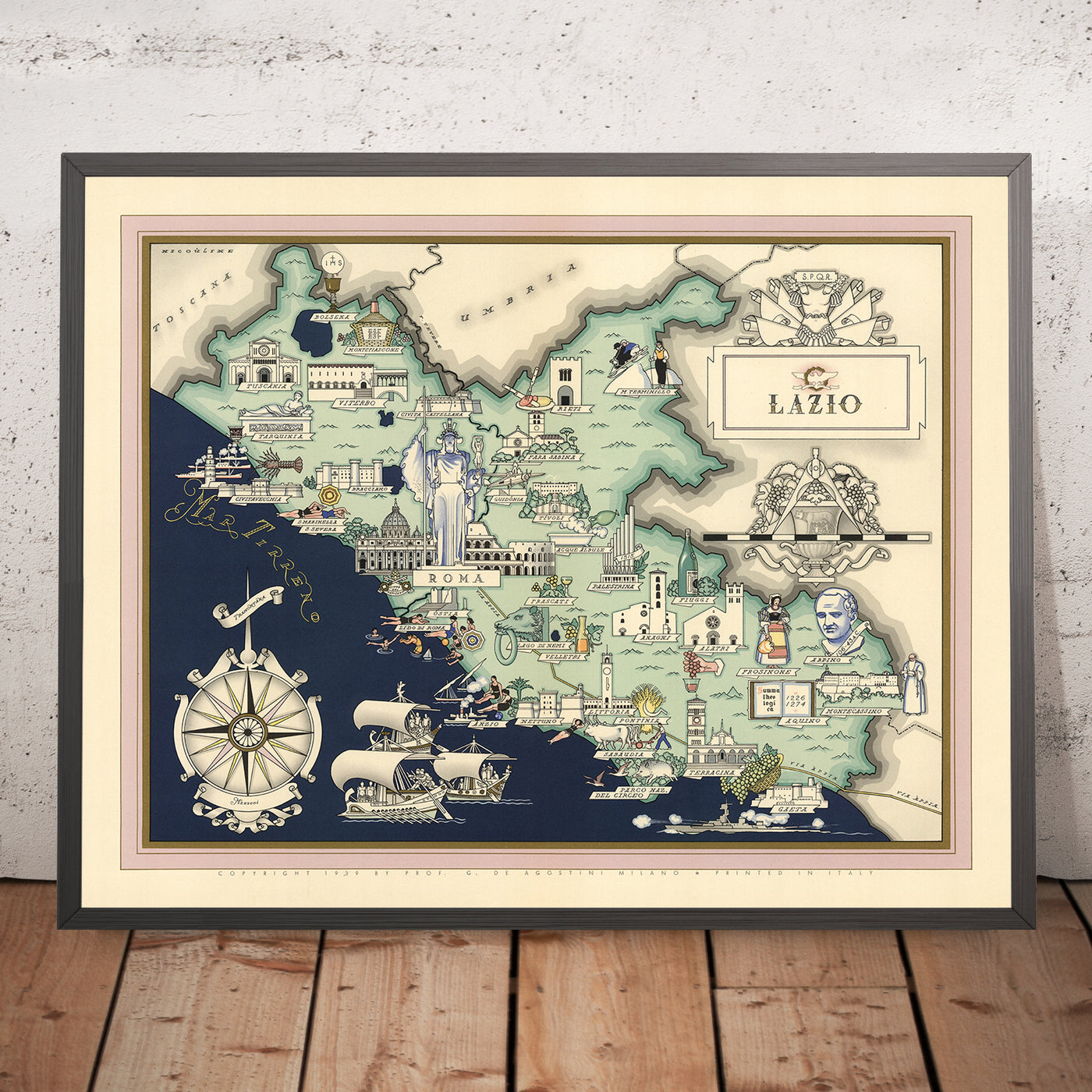 Old Pictorial Map of Lazio by De Agostini, 1938: Rome, Colosseum, Roman Forum, Pantheon, Circeo National Park