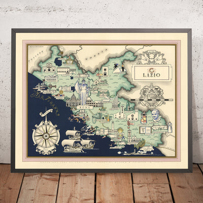Old Pictorial Map of Lazio by De Agostini, 1938: Rome, Colosseum, Roman Forum, Pantheon, Circeo National Park