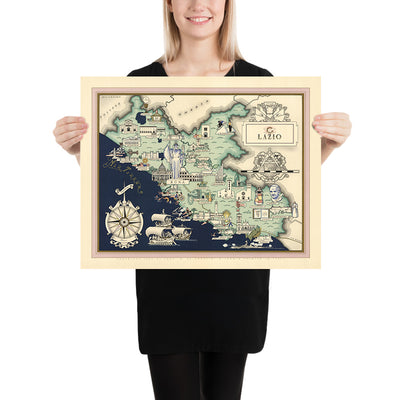 Old Pictorial Map of Lazio by De Agostini, 1938: Rome, Colosseum, Roman Forum, Pantheon, Circeo National Park