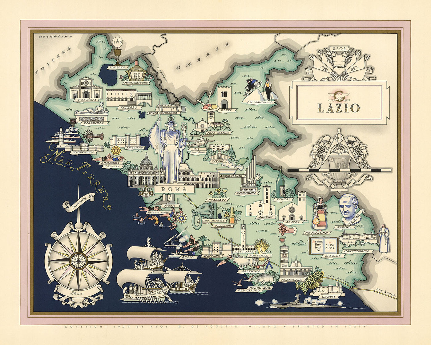 Old Pictorial Map of Lazio by De Agostini, 1938: Rome, Colosseum, Roman Forum, Pantheon, Circeo National Park