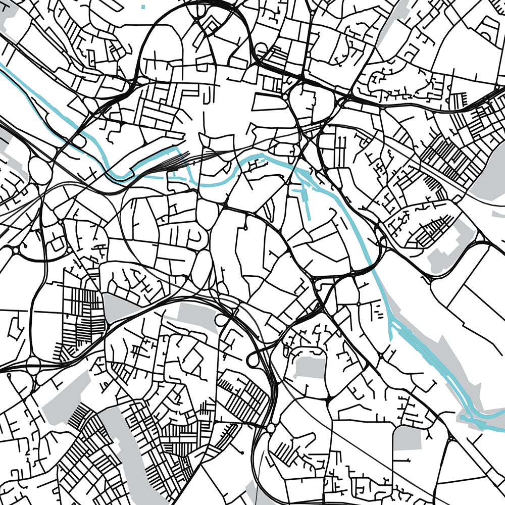 Mapa moderno de la ciudad de Leeds, Reino Unido: centro de la ciudad, galería de arte, ayuntamiento, mercado Kirkgate, gran teatro