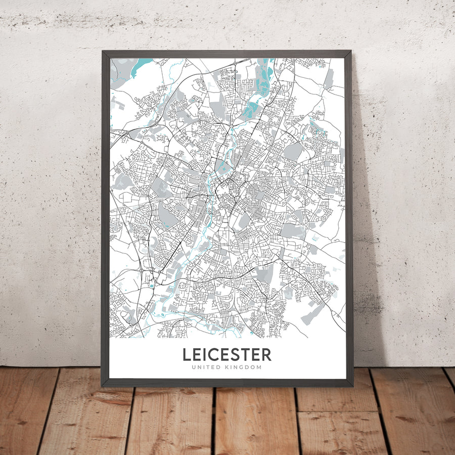 Mapa moderno de la ciudad de Leicester, Reino Unido: centro de la ciudad, universidad, catedral, castillo, centro espacial