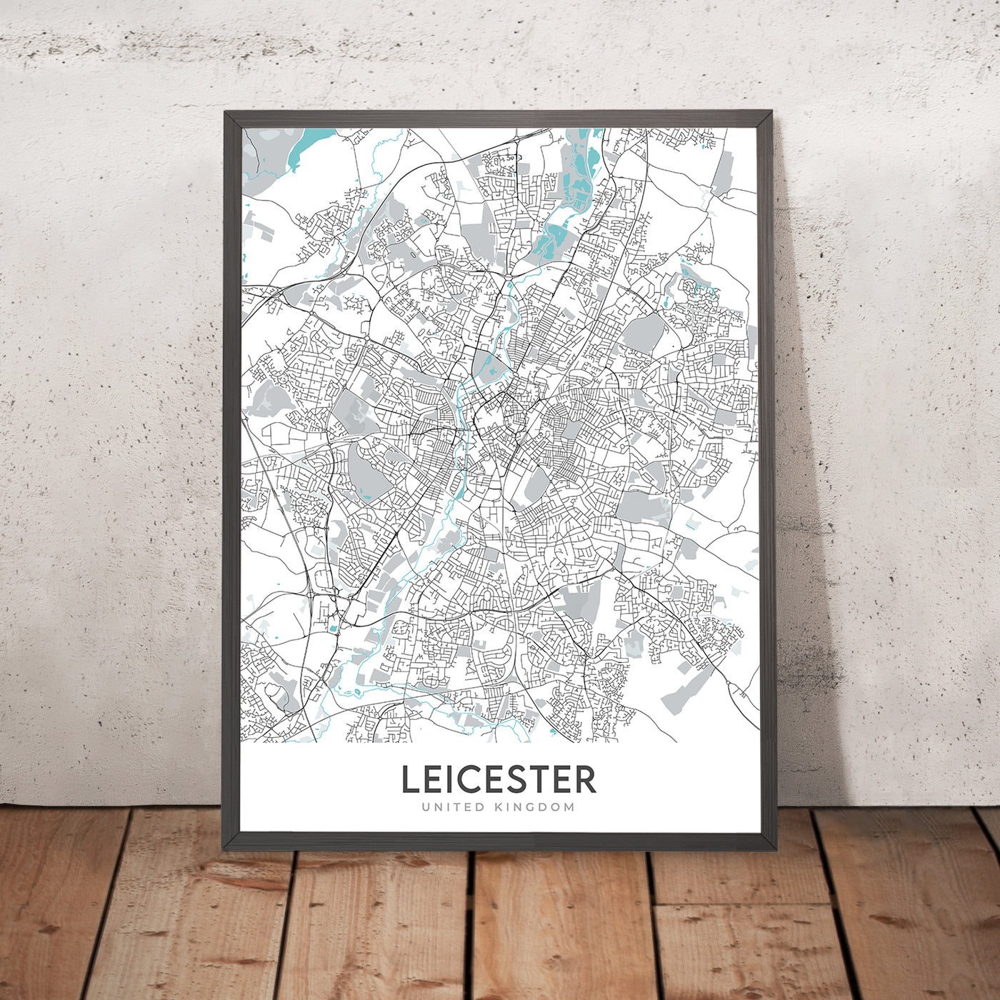 Plan de la ville moderne de Leicester, Royaume-Uni : centre-ville, université, cathédrale, château, centre spatial