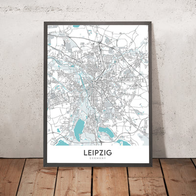 Plan de la ville moderne de Leipzig, Allemagne : Zentrum, Leipzig Hauptbahnhof, Bundesautobahn 9, Université de Leipzig, Église Saint-Thomas
