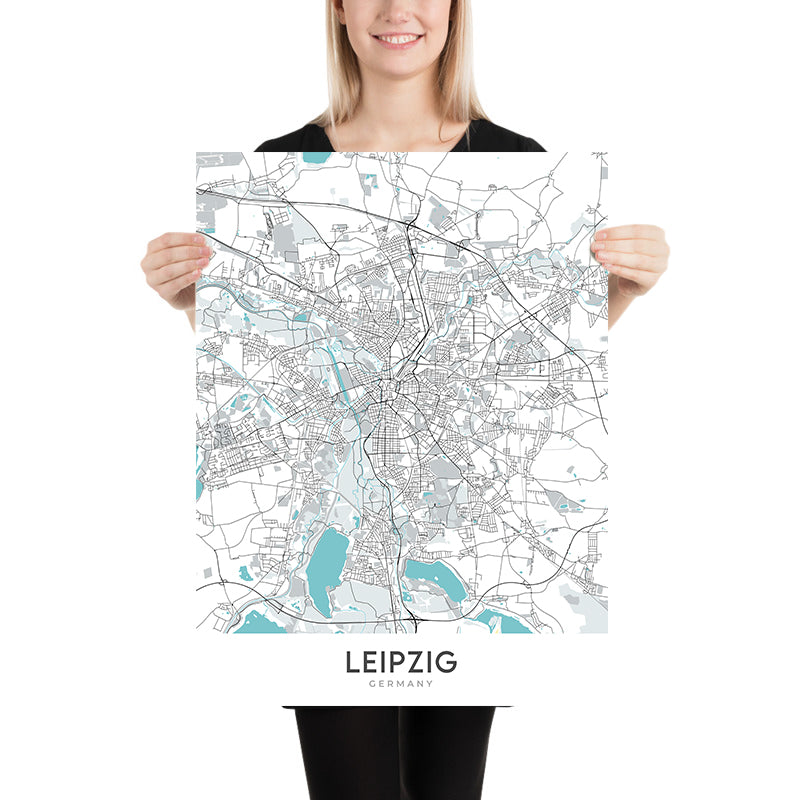Plan de la ville moderne de Leipzig, Allemagne : Zentrum, Leipzig Hauptbahnhof, Bundesautobahn 9, Université de Leipzig, Église Saint-Thomas