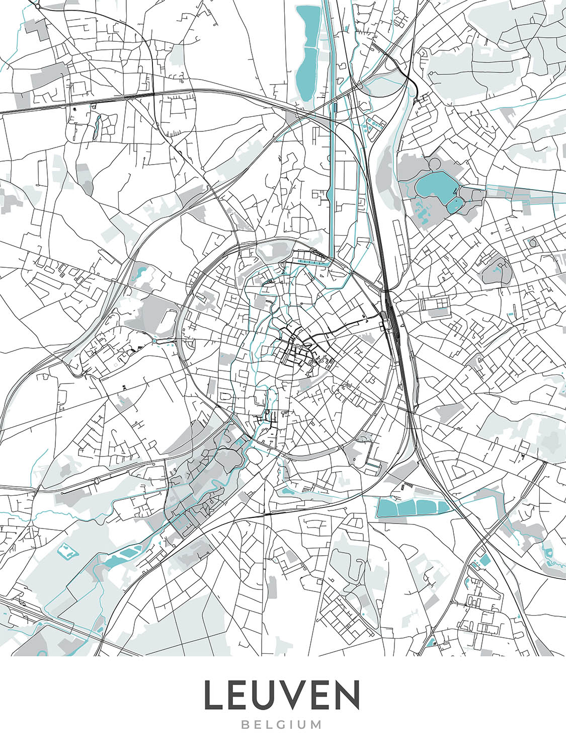 Plan de la ville moderne de Louvain, Belgique : hôtel de ville, université, jardin botanique, E40, A2