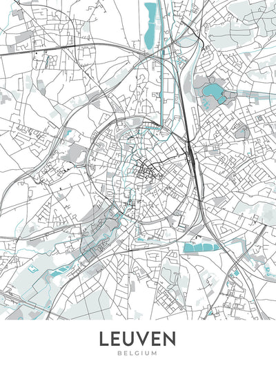 Plan de la ville moderne de Louvain, Belgique : hôtel de ville, université, jardin botanique, E40, A2