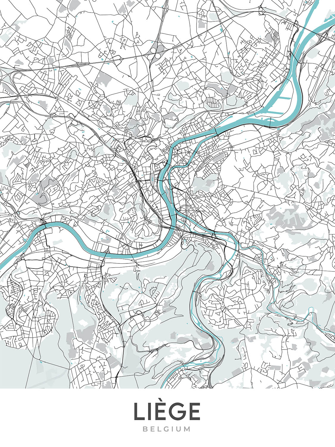 Modern City Map of Liège, Belgium: Cathédrale, Parc de la Boverie, Grand Curtius, A602, A604