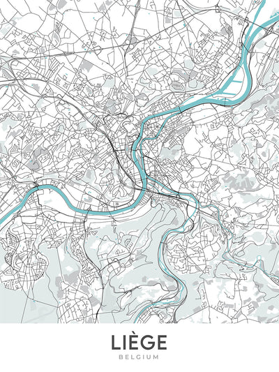 Modern City Map of Liège, Belgium: Cathédrale, Parc de la Boverie, Grand Curtius, A602, A604