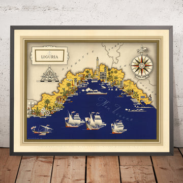 Alte bildliche Karte von Ligurien von De Agostini, 1938: Genua, La Spezia, Cinque Terre, Italienische Riviera, Maritime Alpen 