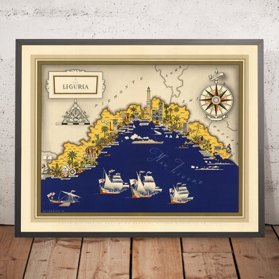 Ancienne carte picturale de la Ligurie par De Agostini, 1938 : Gênes, La Spezia, Cinque Terre, Riviera italienne, Alpes maritimes