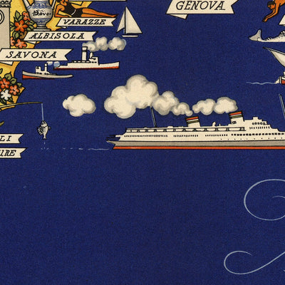 Ancienne carte picturale de la Ligurie par De Agostini, 1938 : Gênes, La Spezia, Cinque Terre, Riviera italienne, Alpes maritimes