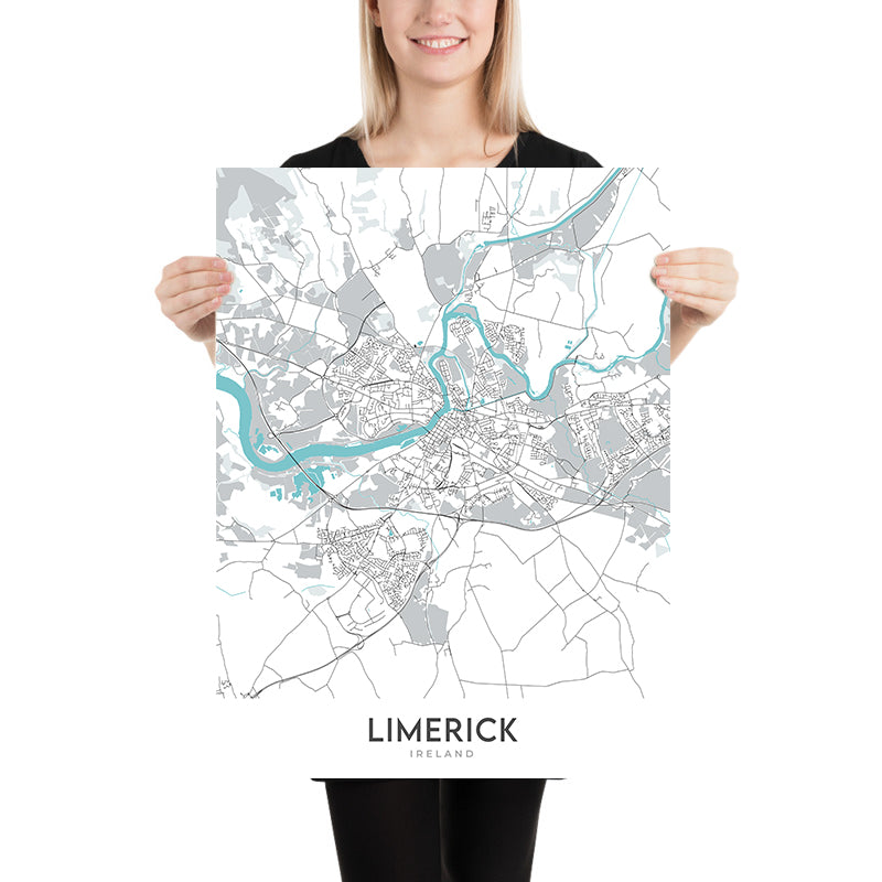 Moderne Stadtkarte von Limerick, Irland: König Johns Schloss, Thomond Park, Universität von Limerick, N18, N21 