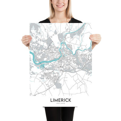 Moderne Stadtkarte von Limerick, Irland: König Johns Schloss, Thomond Park, Universität von Limerick, N18, N21 