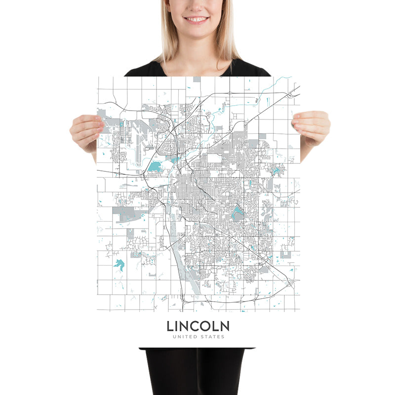 Plan de la ville moderne de Lincoln, NE : Université du Nebraska, Sunken Gardens, Haymarket Park, Interstate 80, Interstate 180