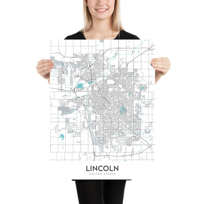 Plan de la ville moderne de Lincoln, NE : Université du Nebraska, Sunken Gardens, Haymarket Park, Interstate 80, Interstate 180