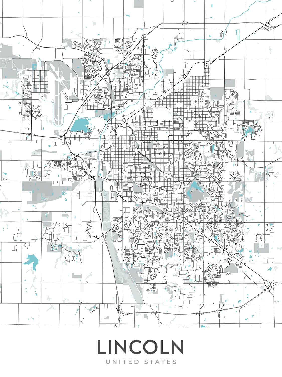 Plan de la ville moderne de Lincoln, NE : Université du Nebraska, Sunken Gardens, Haymarket Park, Interstate 80, Interstate 180