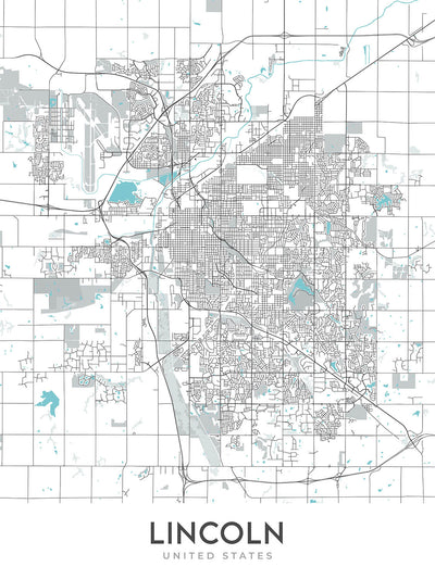 Plan de la ville moderne de Lincoln, NE : Université du Nebraska, Sunken Gardens, Haymarket Park, Interstate 80, Interstate 180