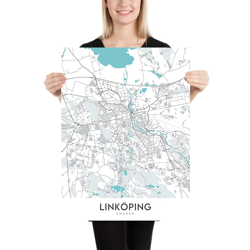 Mapa moderno de la ciudad de Linköping, Suecia: Catedral, Castillo, Universidad, E4, Stångebro