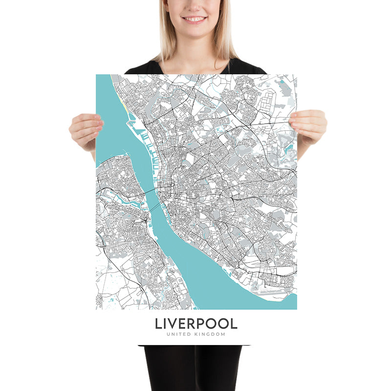 Mapa moderno de la ciudad de Liverpool, Reino Unido: centro de la ciudad, St George's Hall, Tate Liverpool, Anfield, M62
