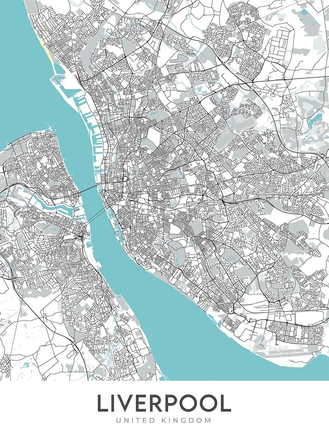 Mapa moderno de la ciudad de Liverpool, Reino Unido: centro de la ciudad, St George's Hall, Tate Liverpool, Anfield, M62
