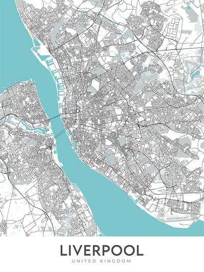 Mapa moderno de la ciudad de Liverpool, Reino Unido: centro de la ciudad, St George's Hall, Tate Liverpool, Anfield, M62