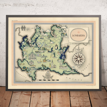 Mapa antiguo de Lombardía de De Agostini, 1938: Milán, Bérgamo, Brescia, Lago Como, Parque Nacional Stelvio