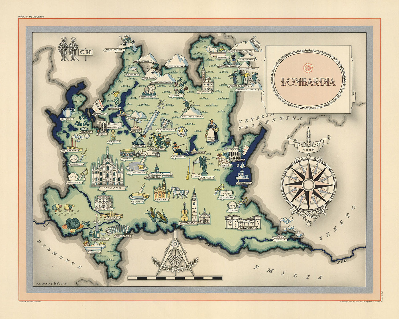 Mapa antiguo de Lombardía de De Agostini, 1938: Milán, Bérgamo, Brescia, Lago Como, Parque Nacional Stelvio