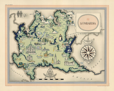 Mapa antiguo de Lombardía de De Agostini, 1938: Milán, Bérgamo, Brescia, Lago Como, Parque Nacional Stelvio