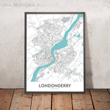 Mappa moderna della città di Londonderry, NI: Bogside, Brandywell, Ponte Craigavon, Ponte Foyle, Guildhall 