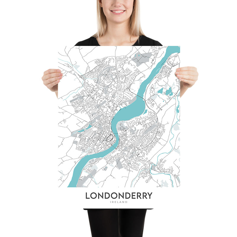 Modern City Map of Londonderry, NI: Bogside, Brandywell, Craigavon Bridge, Foyle Bridge, Guildhall