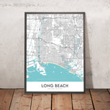 Plan de la ville moderne de Long Beach, Californie : centre-ville, aquarium, magasins d'usine Pike, Queen Mary, Shoreline Village