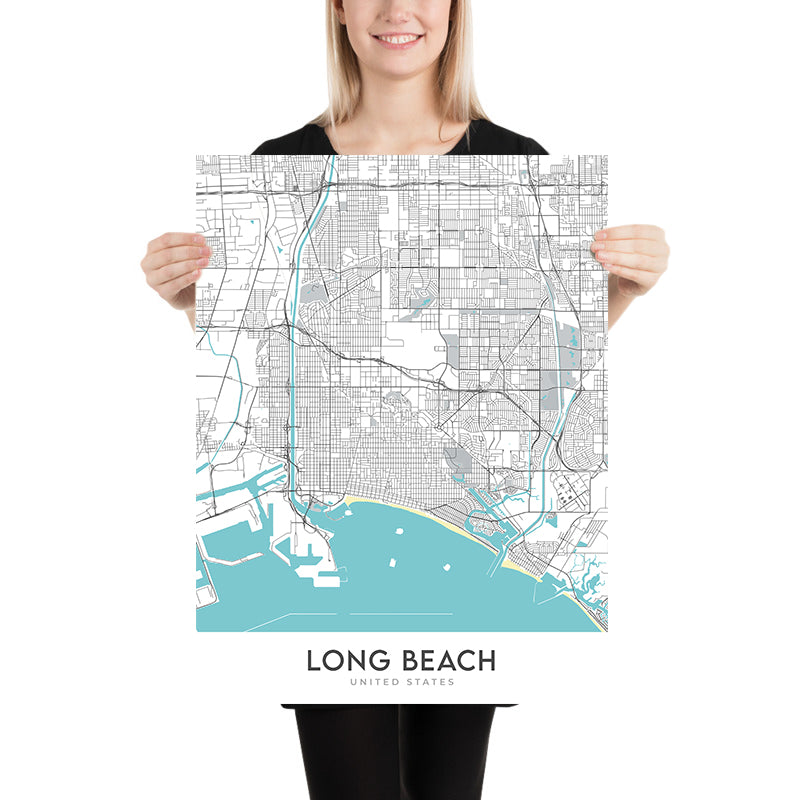 Modern City Map of Long Beach, CA: Downtown, Aquarium, Pike Outlets, Queen Mary, Shoreline Village