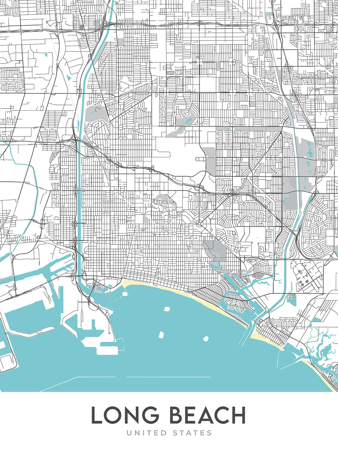 Modern City Map of Long Beach, CA: Downtown, Aquarium, Pike Outlets, Queen Mary, Shoreline Village