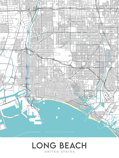 Modern City Map of Long Beach, CA: Downtown, Aquarium, Pike Outlets, Queen Mary, Shoreline Village