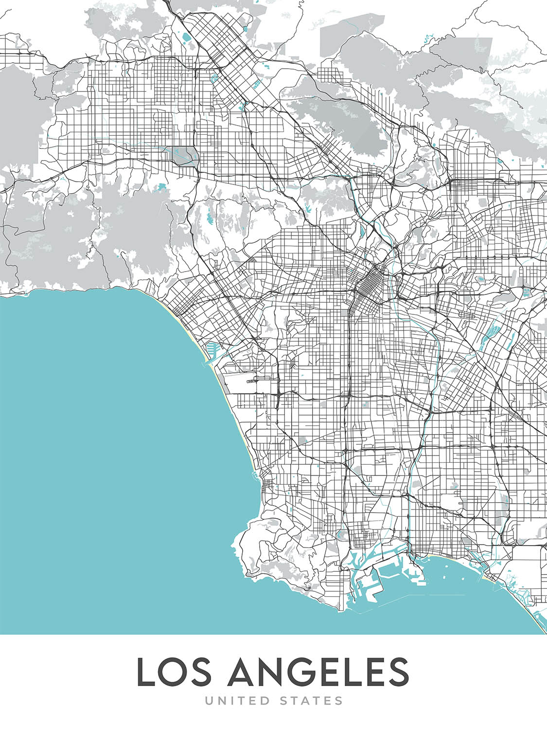 Modern City Map of Los Angeles, CA: Downtown, Hollywood, Beverly Hills, Santa Monica, Venice