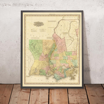 Ancienne carte de la Louisiane et du Mississippi par H. S. Tanner, 1820 : Nouvelle-Orléans, Baton Rouge, Jackson, Gulfport et Lafayette