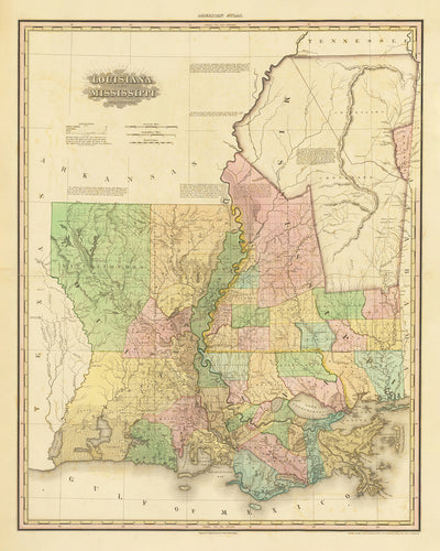Antigua mapa de Luisiana y Misisipi por H. S. Tanner, 1820: Nueva Orleans, Baton Rouge, Jackson, Gulfport y Lafayette 