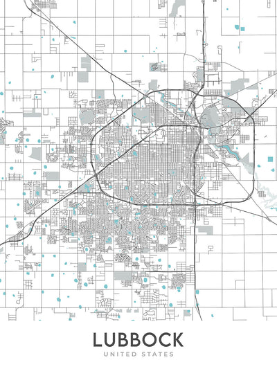 Moderne Stadtkarte von Lubbock, TX: Texas Tech University, Jones AT&T Stadium, Canyon Lakes, US-84, US-87 