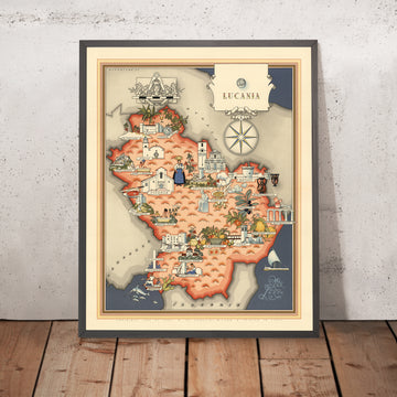 Antigua Mapa Pictórico de Lucania por De Agostini, 1938: Potenza, Matera, Pollino, Sassi di Matera, Castel del Monte 