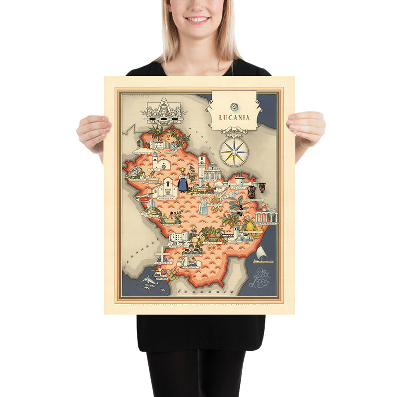 Old Pictorial Map of Lucania by De Agostini, 1938: Potenza, Matera, Pollino, Sassi di Matera, Castel del Monte