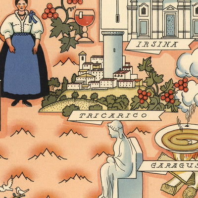 Old Pictorial Map of Lucania by De Agostini, 1938: Potenza, Matera, Pollino, Sassi di Matera, Castel del Monte