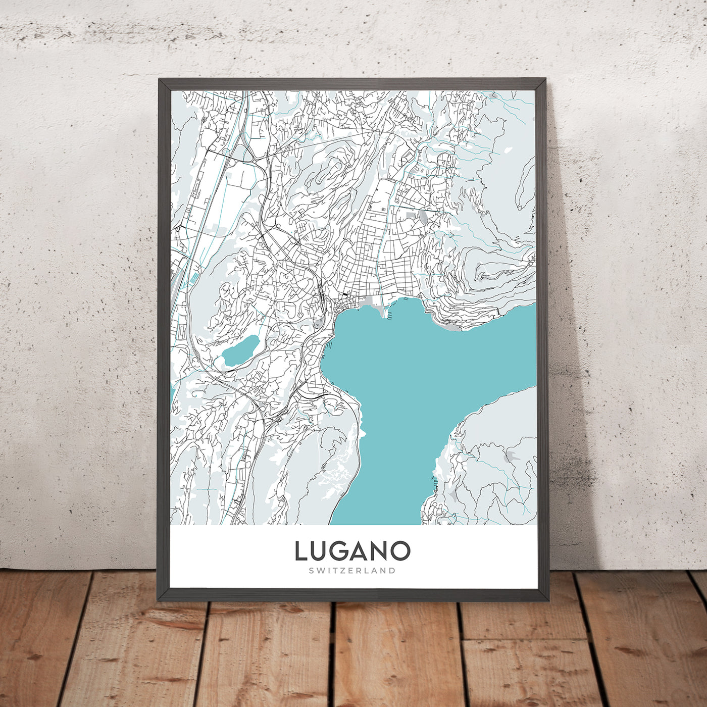 Mapa moderno de la ciudad de Lugano, Suiza: Lago de Lugano, Monte Brè, Monte San Salvatore, Swissminiatur, Catedral de San Lorenzo