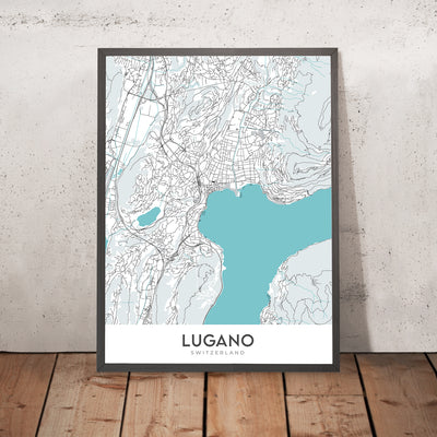 Mapa moderno de la ciudad de Lugano, Suiza: Lago de Lugano, Monte Brè, Monte San Salvatore, Swissminiatur, Catedral de San Lorenzo